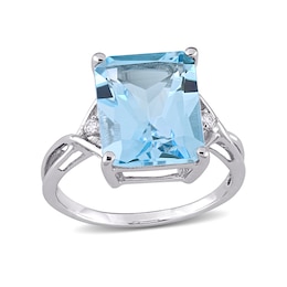 Emerald-Cut Sky Blue and White Topaz Crossover Shank Ring in Sterling Silver