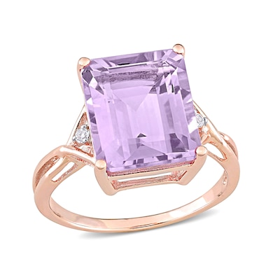 Emerald-Cut Amethyst and White Topaz Crossover Shank Ring in Sterling Silver with Rose Rhodium