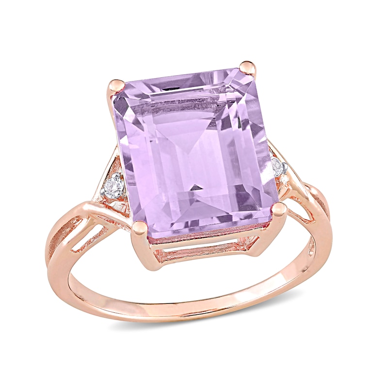 Emerald-Cut Amethyst and White Topaz Crossover Shank Ring in Sterling Silver with Rose Rhodium