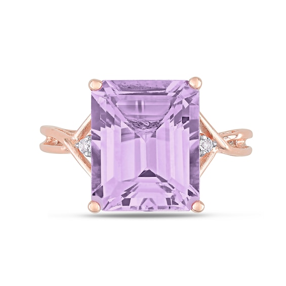 Emerald-Cut Amethyst and White Topaz Crossover Shank Ring in Sterling Silver with Rose Rhodium