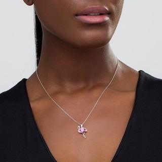 Pear-Shaped Lab-Created Pink Sapphire and Diamond Accent Flamingo Pendant in Sterling Silver