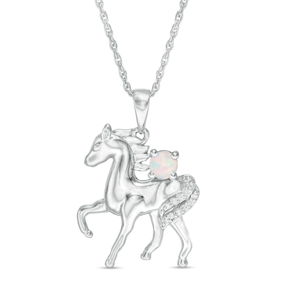 Lab-Created Opal and Diamond Accent Prancing Horse Pendant in Sterling Silver