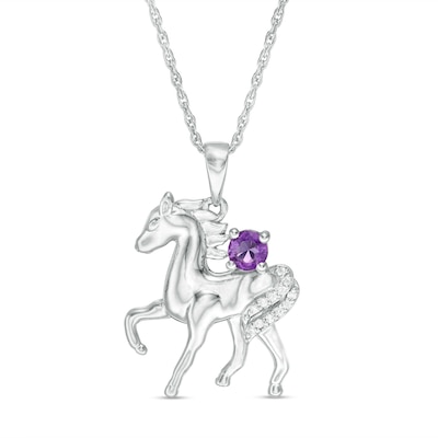 Amethyst and Diamond Accent Prancing Horse Pendant in Sterling Silver