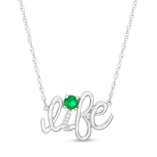 Lab-Created Emerald and Diamond Accent "life" Script Necklace in Sterling Silver