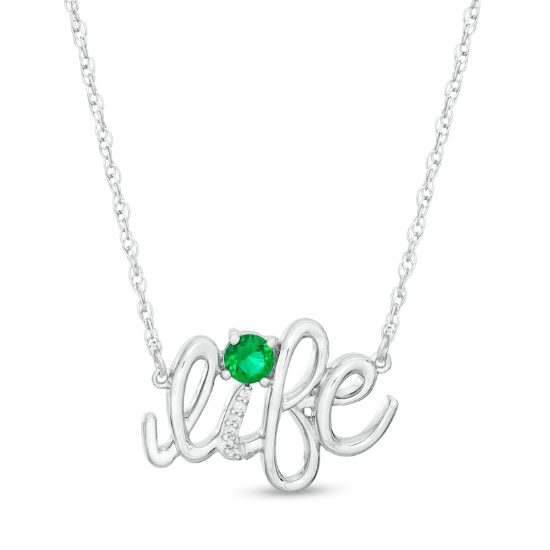 Lab-Created Emerald and Diamond Accent "life" Script Necklace in Sterling Silver|Peoples Jewellers