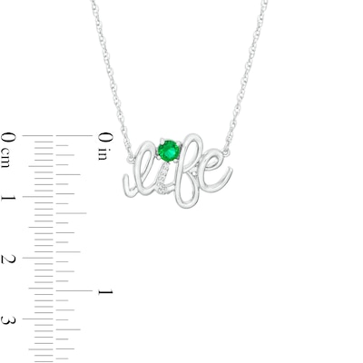 Lab-Created Emerald and Diamond Accent "life" Script Necklace in Sterling Silver