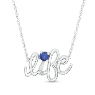 Lab-Created Blue Sapphire and Diamond Accent "life" Script Necklace in Sterling Silver