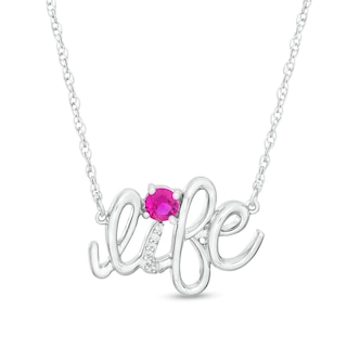 Lab-Created Ruby and Diamond Accent "life" Script Necklace in Sterling Silver