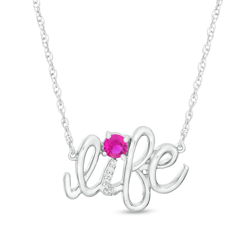 Lab-Created Ruby and Diamond Accent "life" Script Necklace in Sterling Silver|Peoples Jewellers