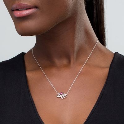 Lab-Created Ruby and Diamond Accent "life" Script Necklace in Sterling Silver