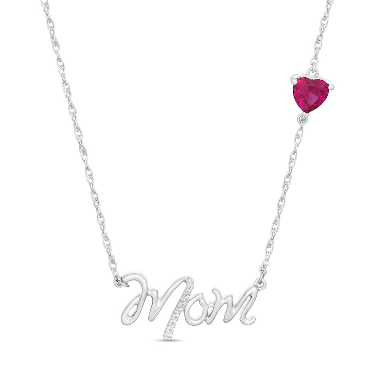 5.0mm Heart-Shaped Lab-Created Ruby and Diamond Accent "Mom" Script Necklace in Sterling Silver