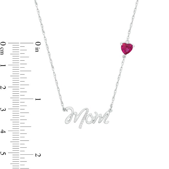 5.0mm Heart-Shaped Lab-Created Ruby and Diamond Accent "Mom" Script Necklace in Sterling Silver