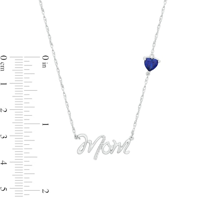 5.0mm Heart-Shaped Lab-Created Blue Sapphire and Diamond Accent "Mom" Script Necklace in Sterling Silver