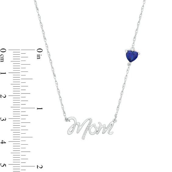 5.0mm Heart-Shaped Lab-Created Blue Sapphire and Diamond Accent "Mom" Script Necklace in Sterling Silver