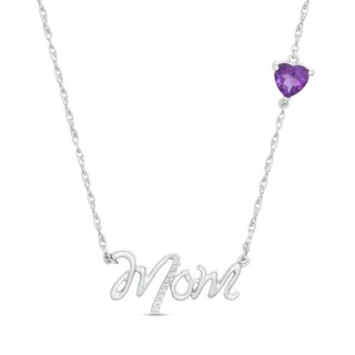 5.0mm Heart-Shaped Amethyst and Diamond Accent "Mom" Script Necklace in Sterling Silver