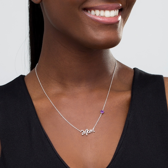 5.0mm Heart-Shaped Amethyst and Diamond Accent "Mom" Script Necklace in Sterling Silver