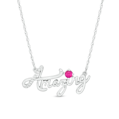 Lab-Created Ruby and Diamond Accent "Amazing" Script Necklace in Sterling Silver