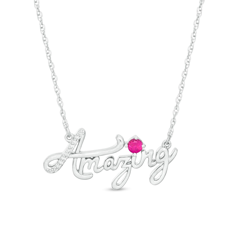 Lab-Created Ruby and Diamond Accent "Amazing" Script Necklace in Sterling Silver|Peoples Jewellers