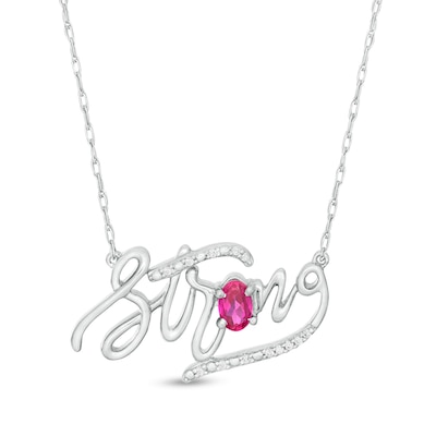 Oval Lab-Created Ruby and Diamond Accent "Strong" Script Necklace in Sterling Silver