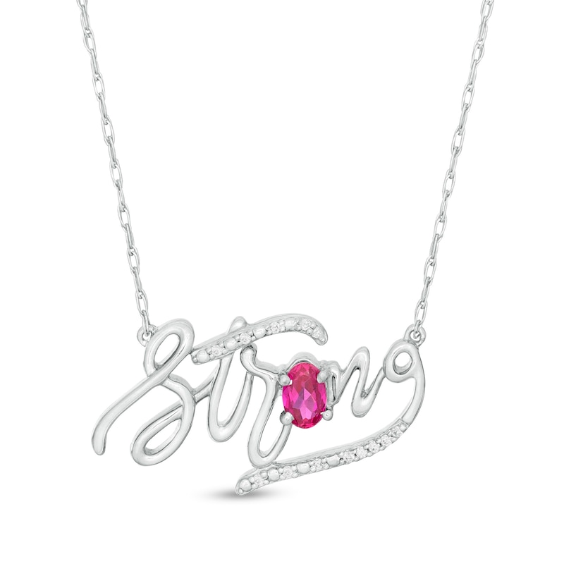 Oval Lab-Created Ruby and Diamond Accent "Strong" Script Necklace in Sterling Silver|Peoples Jewellers