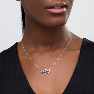 Oval Lab-Created Ruby and Diamond Accent "Strong" Script Necklace in Sterling Silver