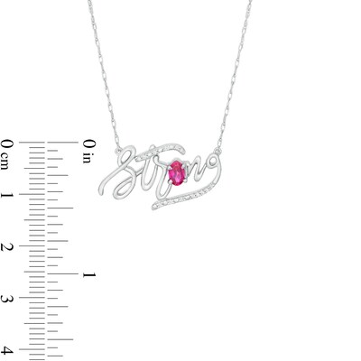 Oval Lab-Created Ruby and Diamond Accent "Strong" Script Necklace in Sterling Silver