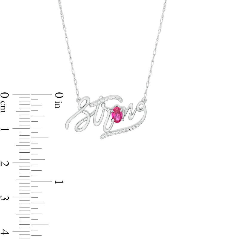 Oval Lab-Created Ruby and Diamond Accent "Strong" Script Necklace in Sterling Silver