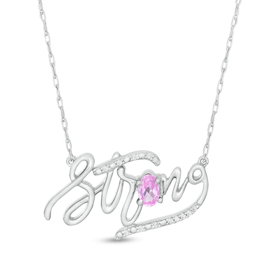 Oval Lab-Created Pink Sapphire and Diamond Accent "Strong" Script Necklace in Sterling Silver