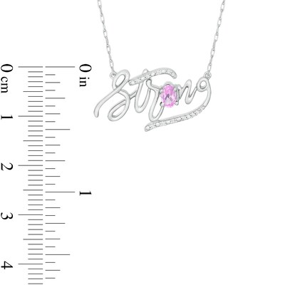 Oval Lab-Created Pink Sapphire and Diamond Accent "Strong" Script Necklace in Sterling Silver