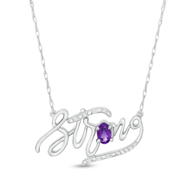 Oval Amethyst and Diamond Accent "Strong" Script Necklace in Sterling Silver|Peoples Jewellers