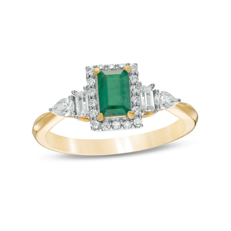 Emerald-Cut Emerald and 0.33 CT. T.W. Diamond Frame Engagement Ring in 14K Gold|Peoples Jewellers