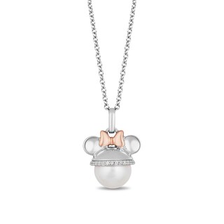 Mickey Mouse & Minnie Mouse 9.0mm Freshwater Cultured Pearl and 0.085 CT. T.W. Diamond Pendant in Sterling Silver-19"