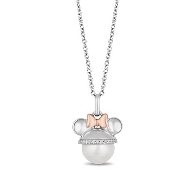 Mickey Mouse & Minnie Mouse 9.0mm Freshwater Cultured Pearl and 0.085 CT. T.W. Diamond Pendant in Sterling Silver-19"