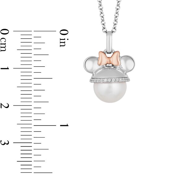 Mickey Mouse & Minnie Mouse 9.0mm Freshwater Cultured Pearl and 0.085 CT. T.W. Diamond Pendant in Sterling Silver-19"