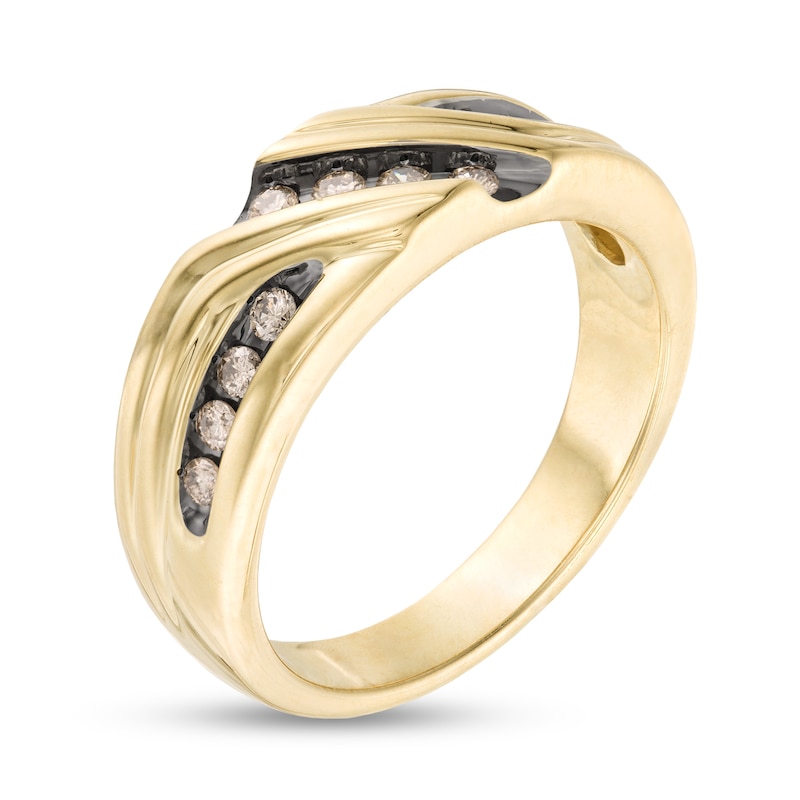 Main Image 3 of Men's 0.33 CT. T.W. Champagne Diamond Slanted Row Band in 10K Gold with Black Rhodium