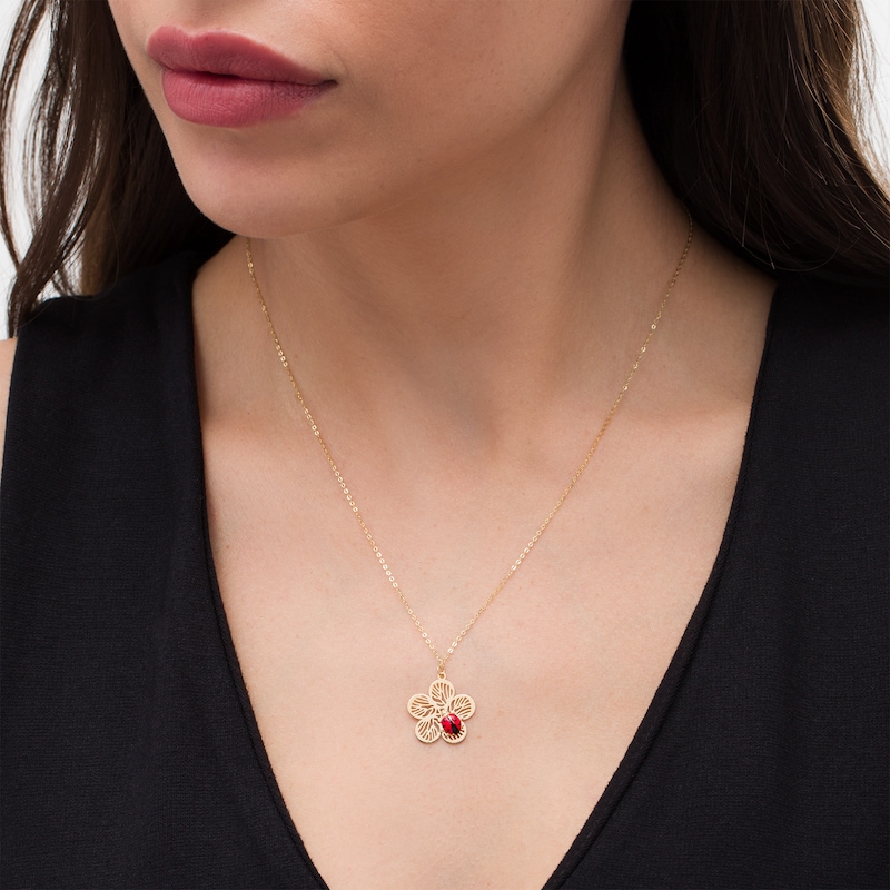 Red and Black Enamel Ladybug Cut-Out Flower Pendant in 14K Gold