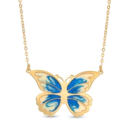 Italian Gold Blue and White Enamel Butterfly Necklace in 14K Gold
