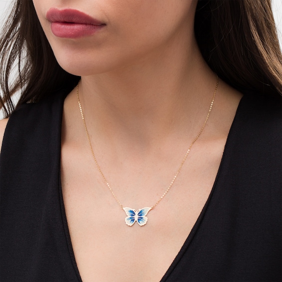 Italian Gold Blue and White Enamel Butterfly Necklace in 14K Gold