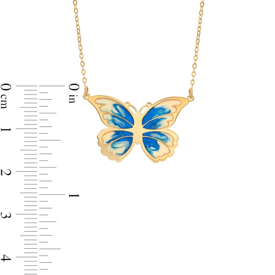 Italian Gold Blue and White Enamel Butterfly Necklace in 14K Gold