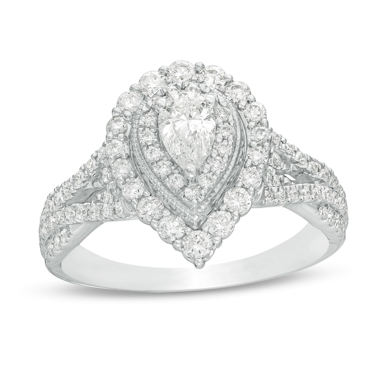 1.00 CT. T.W. Pear-Shaped Diamond Double Frame Split Shank Vintage-Style Engagement Ring in 14K White Gold