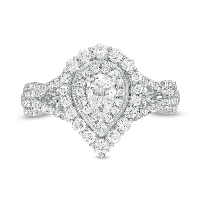 1.00 CT. T.W. Pear-Shaped Diamond Double Frame Split Shank Vintage-Style Engagement Ring in 14K White Gold