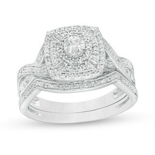 0.24 CT. T.W. Diamond Cushion and Round Triple Frame Twist Shank Bridal Set in Sterling Silver