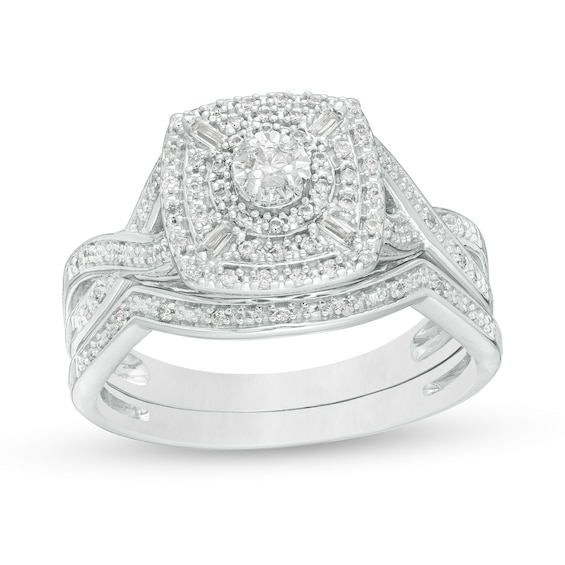 0.24 CT. T.W. Diamond Cushion and Round Triple Frame Twist Shank Bridal Set in Sterling Silver