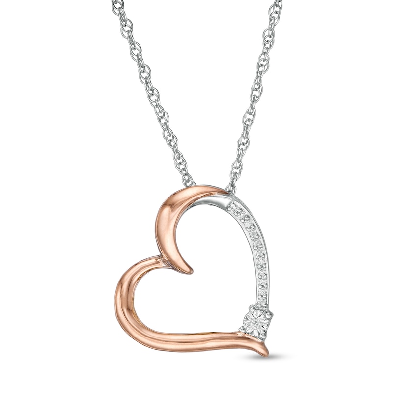 0.04 CT. T.W. Diamond Tilted Heart Pendant in Sterling Silver and 10K Rose Gold