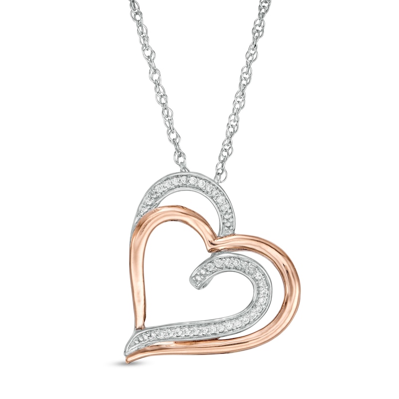 0.085 CT. T.W. Diamond Double Tilted Heart Pendant in Sterling Silver and 10K Rose Gold