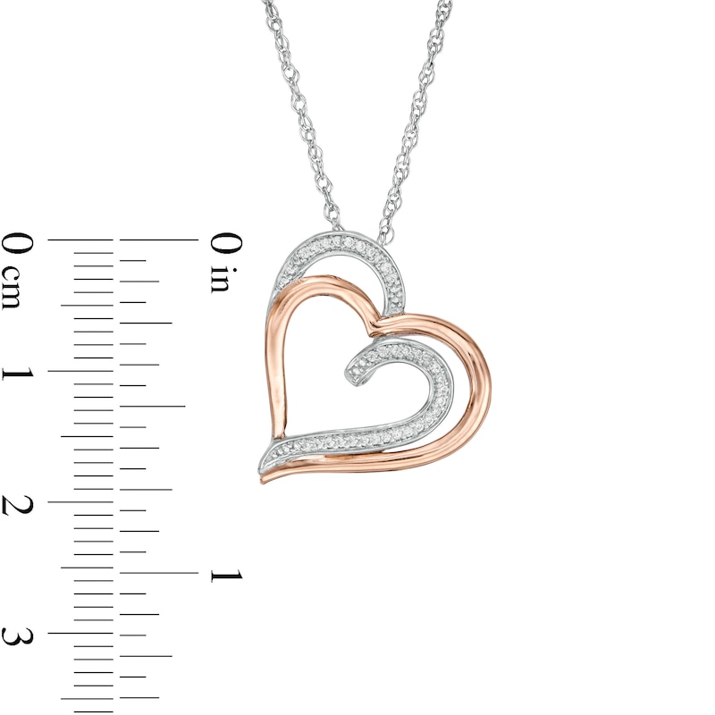 0.085 CT. T.W. Diamond Double Tilted Heart Pendant in Sterling Silver and 10K Rose Gold