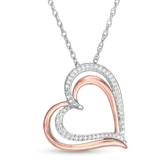 0.116 CT. T.W. Diamond Double Tilted Heart Pendant in Sterling Silver and 10K Rose Gold