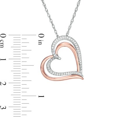 0.116 CT. T.W. Diamond Double Tilted Heart Pendant in Sterling Silver and 10K Rose Gold