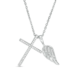 0.115 CT. T.W. Diamond Wing Charm and Cross Pendant in Sterling Silver