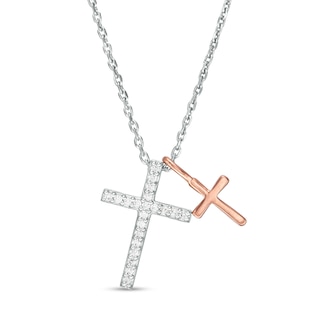 0.086 CT. T.W. Diamond Double Cross Pendant in Sterling Silver and 10K Rose Gold